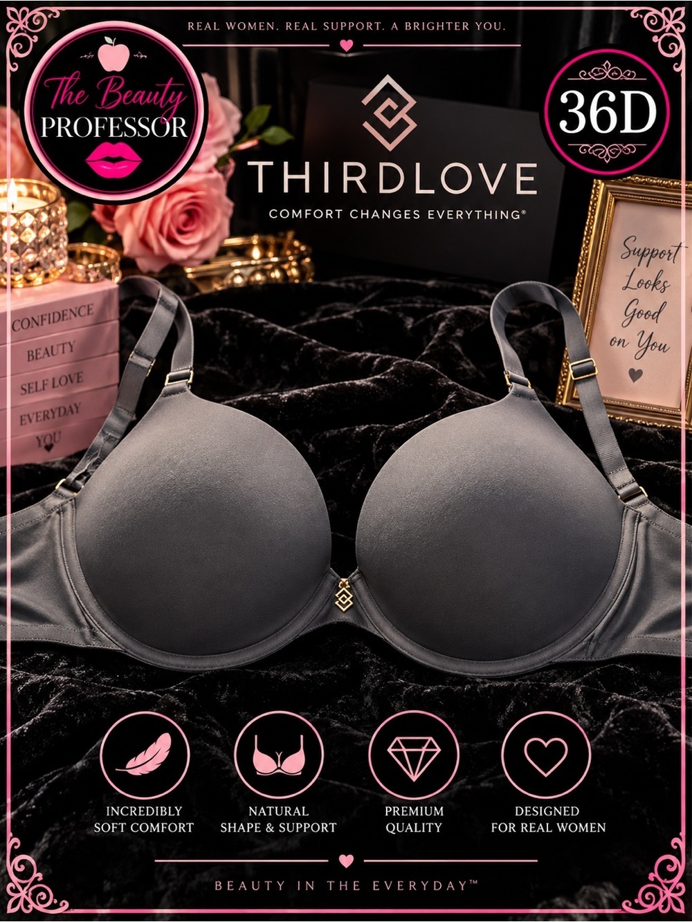 ThirdLove 36D Black Smooth Molded Cup Underwire Bra Gold Hardware